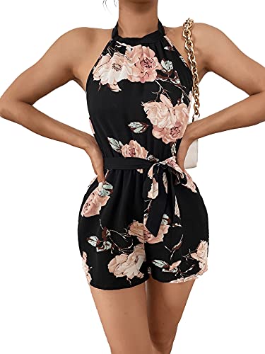 SOLY HUX Women s Floral Print Halter Tie Back Backless Belted Short Jumpsuit Rompers Black L