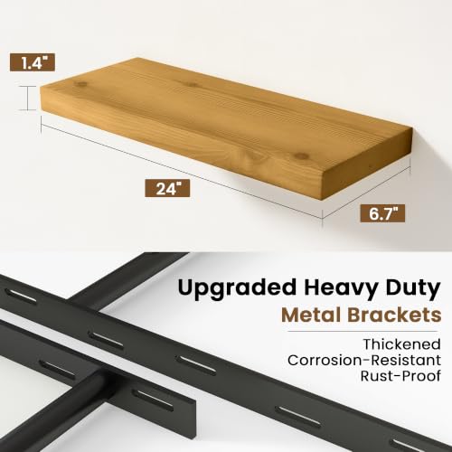 Image of Solid Wood Floating Shelves for Wall 24 inch,Natural Wooden Shelf Set of 2 | Rustic Wood Wall Floating Shelf with Invisible Brackets,Floating Wooden Shelves for Living Room,Bathroom,Bedroom,Kitchen