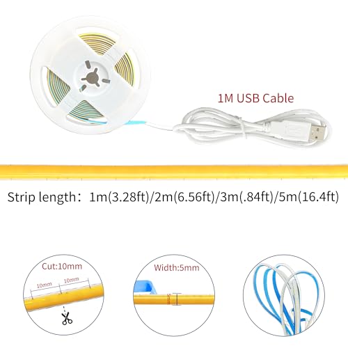 Image of 5V 5mm Width USB COB LED Strip Lights,16.4FT /5M,Cool White 6500K,400LEDs /M,8W /M,CRI90,4000lm,Electroplated Double-Sided Panel Light Strip,IP20,for Indoor Decoration