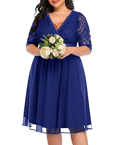 Image of Pinup Fashion Plus Size Lace Chiffon Wrap V Neck Dresses Women Cocktail Wedding Guest Midi Dress