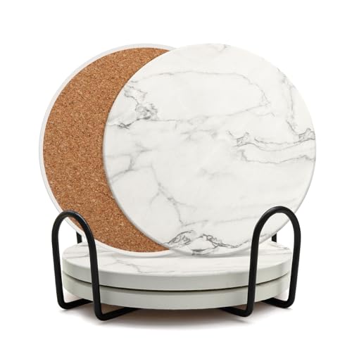 Coaster Set of 4 Ceramic Drink Coasters with Holder 4 Inch Round