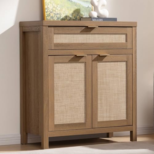 SICOTAS Buffet Cabinet Sideboard with Storage, Rattan Accent Cabinet with Doors Drawer, Boho Credenzas Farmhouse Buffet Table Console Coffee Bar Cabinets for Entryway Living Room, Natural Oak
