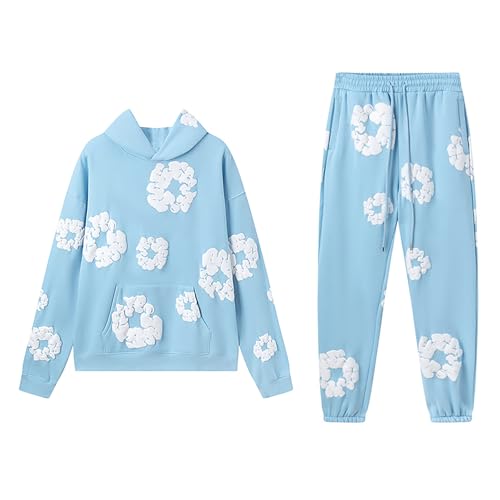 Blumen D T Jogginganzug Set Unisex Kinder Baggy Sportanzug Langarm Blumen Druck Lose Freizeitanzug Sport Outfit 2-Teiliges Kapuzenpullover und Jogginghose Jungen Mädchen Tracksuit Trainingsanzug