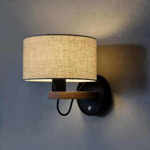 Image of Wall Mounted Bedside Lamp,Hardwired Wall Sconce with Switch,Wall Lamps for Bedroom With Fabric Shade,Vintage Wood Wall Light E26 for Living Room,Dining Room,Hallway,Stairway,Lampara para sala de Pared
