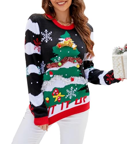 Womens Ugly Christmas Sweater Funny Xmas Santa Pullover Top Knit Casual Long Sleeve Sweater Christmas Tree Striped XL