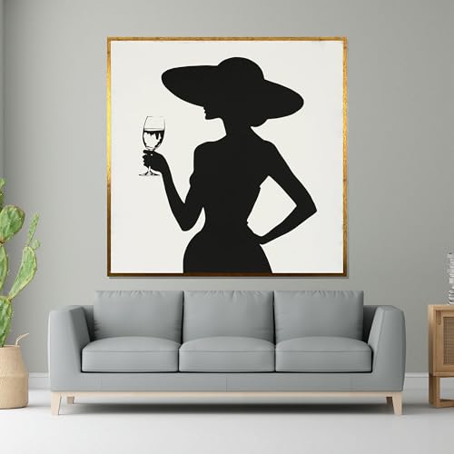 Peinture silhouette femme au chapeau 60x60cm tableau noir et blanc art mural