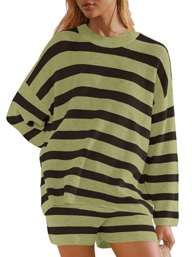 Image of Panadila Womens Striped Sweater Set Oversized Lounge Sets Matching Pajamas Long Sleeve Sweater Top and Shorts