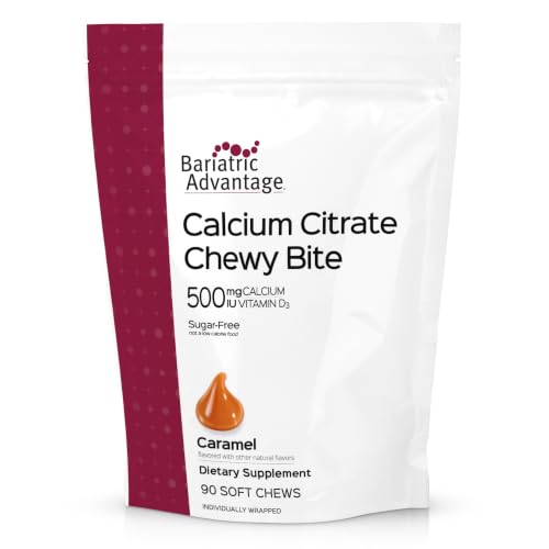 Bariatric Advantage Calcium Citrate Chewy Bites 500 mg - Highly Absorbable & Digestible - Vitamin D3 - Easily Chewable Calcium Supplement - Caramel Flavor - 90 Count