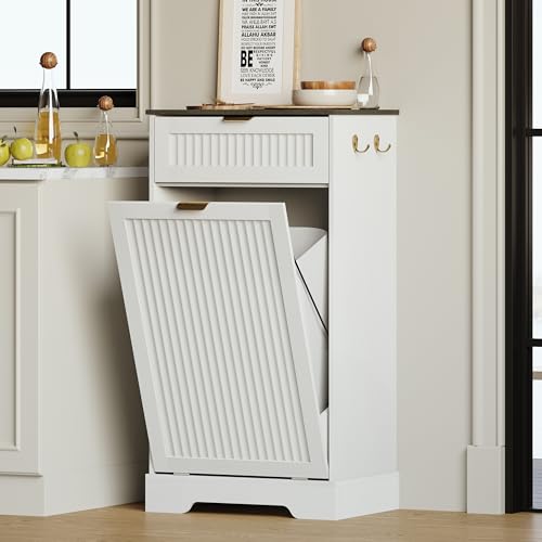 13 Gallons Tilt Out Trash Can Cabinet, Fluted Trash Cabinet, White