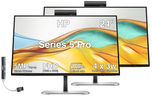 Image of HP Series 5 Pro 24 inch FHD USB-C Conferencing Monitor, 5MP Popup Webcam 2-Pack | 4x3W Speakers, VESA Mount (100mm), Displayport, HDMI & Dockztorm USB Port Expander, Black /Silver