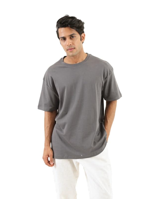 Image of SAADAA Men's Oversized Cotton T-Shirt | 210 GSM Heavyweight Fabric | Drop Shoulder | Dual Knit | Comfortable Casual Wear | Solid Colors