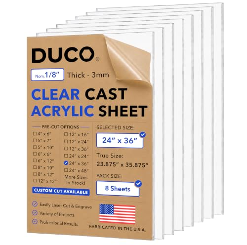 Duco 1/8" Clear Cast Acrylic Sheets, 24"x36" Plexiglass Sheets, 8 Pack
