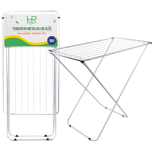 HR Hogar Tendedero de Ropa Plegable Sin Alas de Acero Blanco con Superficie de Secado 10m   Ligero y Compacto con Patas Antideslizantes con Fácil Plegado para Pequeños Espacios   Fabricado en Europa