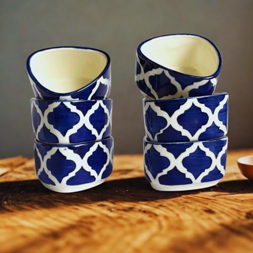 Image of Freakway Ceramic Handcrafted Bliss Dip Bowl |Blue & White |Set of 6 Stoneware Snack, Dessert & Dip Bowls for Kitchen & Dining (50 ml Each)