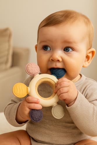 Image of KLIMET Silicone & Wooden Baby Teether for 3+ Months | BPA Free Soft Teething Toy | Safe Teether for Infants | Round Shape | Color - Beige