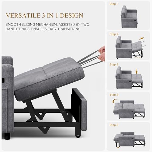 DWVO 55\" Convertible Sofa Bed, 3-in-1 Sleeper Sofa with Pull-Out Couch, Velvet Futon Couch with Adjustable Backrest and USB, Modern Loveseat for Living Room Apartment, Light Grey