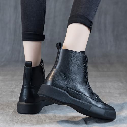 Womens Genuine Leather Lace Up Side Zipper High-Top Ankle Boots Retro Round Toe Platform Adds Height Fashion Combat Booties3