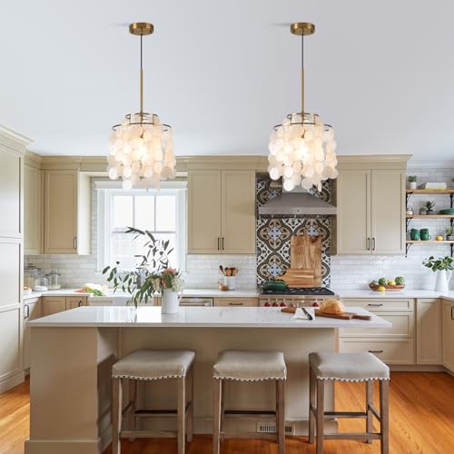 LAMKNVS White Shell Pendant Lights, Brushed Brass Coastal Seashell Chandelier Metal 2 Tiers Ceiling Hanging Light Fixture for Kitchen Island Dining Room Entryway Bedroom Foyer, E26 Socket - Image 2