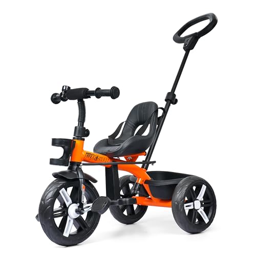 Image of Luusa Elite 500 Kids Tricycle with Parent Push Handle & Safety Seat Belt - Premium 3 Wheel Toddler Cycle with Storage Basket & Comfortable Backrest for 1-4 Years Boys & Girls (Orange)