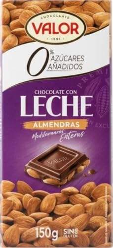 Valor - Chocolate con Leche y Almendras, 0% Azúcares Añadidos, 150 g | Chocolate con leche y almendras y chocolate sin azúcares añadidos, sin gluten, 150 g