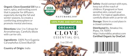 Image of NaturoBliss Organic Clove Essential Oil 1 oz - 100% Pure, Natural, Undiluted for Toothache, Sore Muscles, Skin & Hair Care - Soothing Clove Bud Oil for Aromatherapy, Warm Spicy Aroma