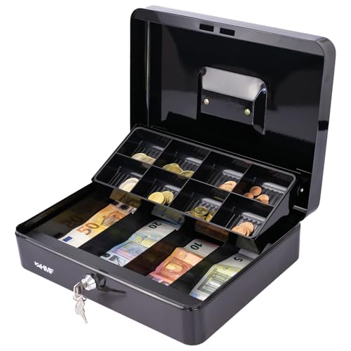 HMF Geldkassette abschließbar, Kasse mit 8 Münzfächern und 4 Geldscheinmulden, 30 x 24 x 9 cm | schwarz