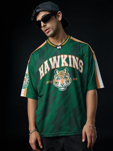 Image of The Souled Store Stranger Things: Hawkins Tigers Men and Boys Short Sleeves V-Neck Dark Green Graphic Printed Easy Dry Polyester Sporty Varsity Oversized Jerseys