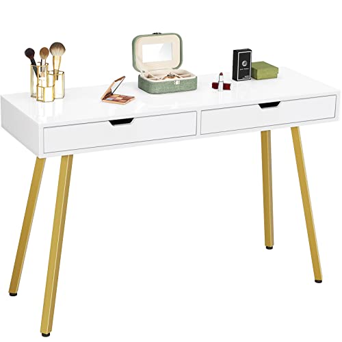 Greenforest Vanity Desk With Glossy Desktop, 39 Inch Makeup Desk With 2 Drawers Dressing Table For Girls Women Bedroom Modern White Writing Computer Laptop Desk For Home Office, Gold #TOP19