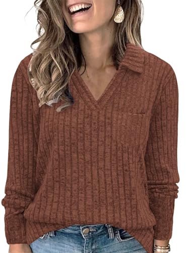 Image of VISLILY Womens-Plus-Size-Tops Collared V Neck Polo Shirts Lightweight Long Sleeve Sweaters Trendy Pocket Decor Tunic Blouses