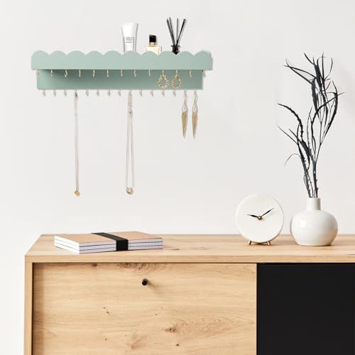 Lampaggio Schmuck-Organizer zur Wandmontage mit 28 Haken und Kosmetikablage, moderner Schmuckhalter aus Holz zum Aufhängen für Halsketten, Armbänder, Ohrringe und Ringe, Grün