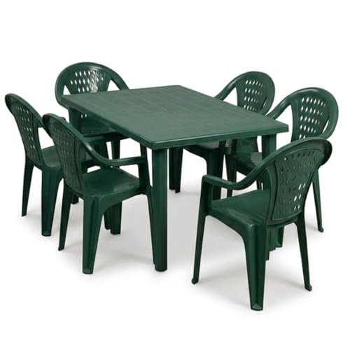Tomaino - Table et chaises de jardin en plastique - Set Marshall 4 ou 6 places - Table rectangulaire - Chaises empilables avec accoudoirs pour extérieur en...