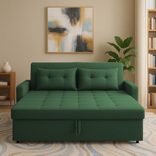 Image of Emilio 2-Seater Sofa Cum Bed for Living Room, Office & Home | Premium Fabric Pull-Out Sofa Set with 1 Year Warranty | Space Saving Convertible Sleeper Sofa for Guests & Daily Use | Green