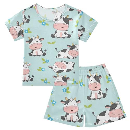 Pajama Short Sets Cute Cow Pattern Prints Soft Cotton Summer Sleepwear 2 Piece PJS Size 5-14T