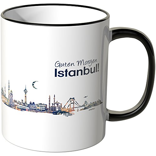 WANDKINGS® Tasse, Schriftzug Guten Morgen Istanbul! mit Skyline bei Nacht - SCHWARZ