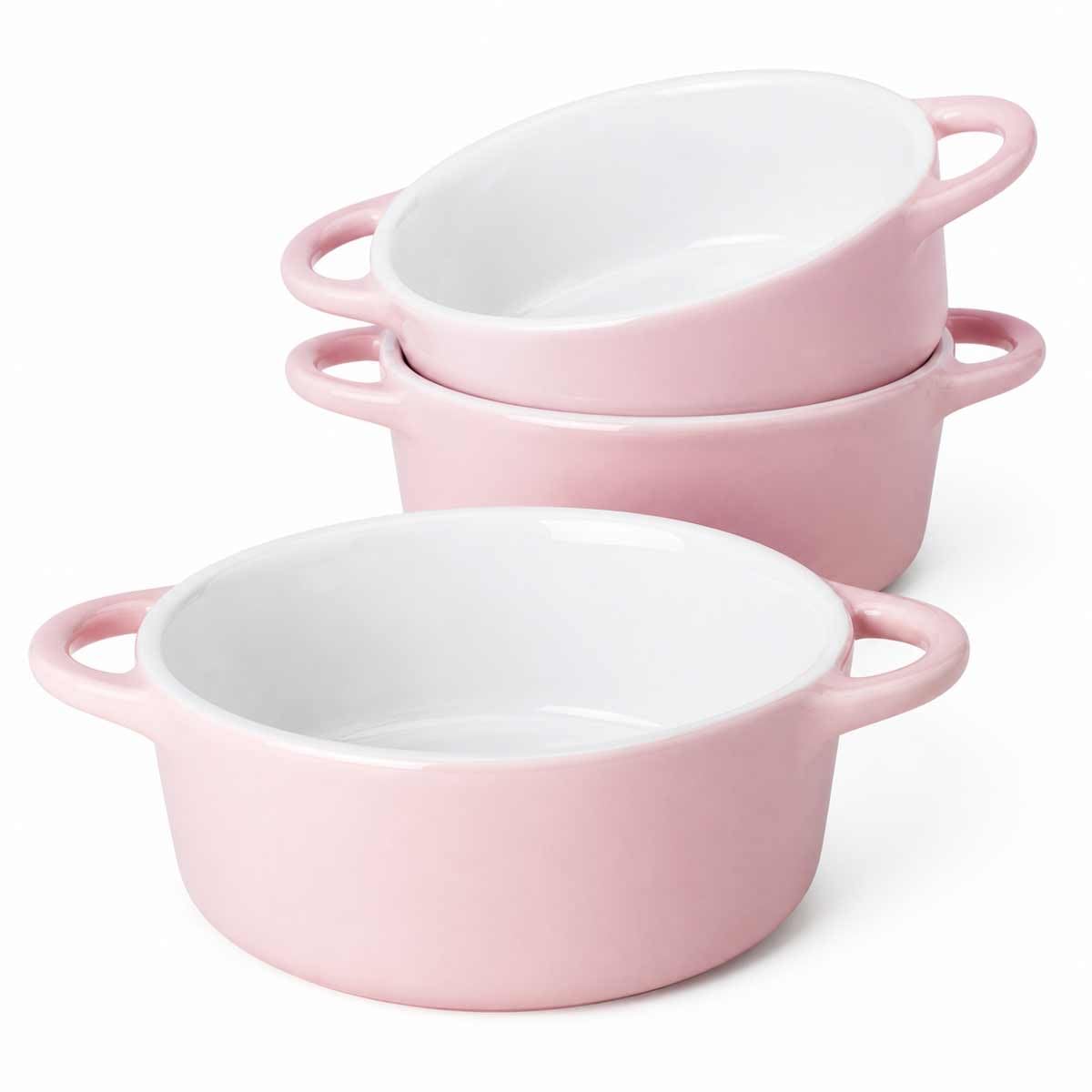 Blush Pink Mini Ceramic Casserole Dish, 16 cm Small Baking Bowls with Handles, Individual Soufflé Ramekins, Set of 3