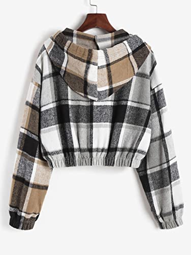 ZAFUL Women's Zip Up Hoodie Plaid Flannel Flap Pocket Casual Cropped Hooded Jacket Tops2