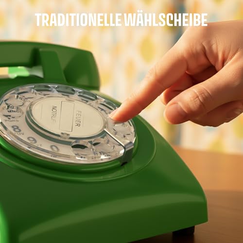 Opis Technology 60s Cable Retro Telefon mit Wählscheibe – Klassisches Festnetztelefon, mechanische Metallklingel & Vintage Design, kompatibel mit modernen Routern (FritzBox etc.) – Grün