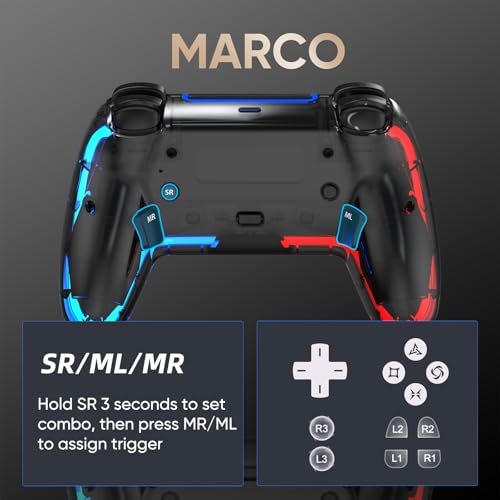 Image of BETMI Wireless Controller for PS5, Pro /Slim /MAC /PC (Transparent Black) | Hall Effect Joysticks, Dual Vibration, Marco /Turbo /3.5mm Jack /6-Axis Gyro, Speaker, LED Gamepad for Steam Deck, L Red R Blue