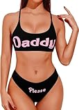 Women's 2Pcs Come Here Daddy Please Printed Bikini Swimsuit Bathing Suit Padded Bra Top Panty Set Strappy Lingerie Set Sleepwear Black X-Large