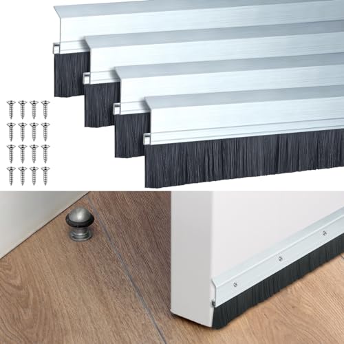 Hushee 4 Pcs 2x36 Inches Brush Door Sweep for Exterior Aluminum Commercial Door Sweep Bottom All-Season Alloy Brush for Exterior and Interior Sealing Gaps Keeps Out Cold Air Dust (Silver and Black)