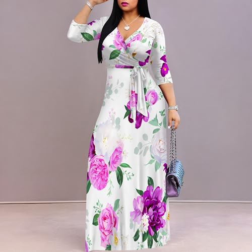 Image of PinkPatty Women's Print Maxi Dresses 3 /4 Sleeve Flowy Long Dress V Neck Wrap Tie Waist Sundress