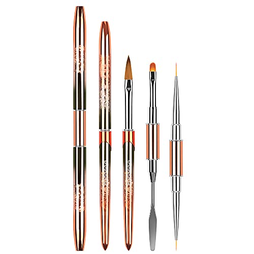 DouborQ 2 Pcs Dual Ended Nail Brush And 1 Pcs Acrylic Nail Art Brush,2 in 1 Double head Poly Gel Nail Brush Slice Shape Spatula Nail Tool,Nail Art Liner Brushes (Set 8)
