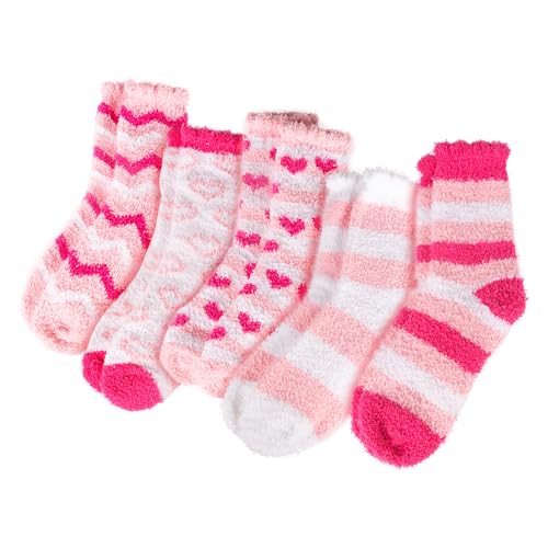 Image of Evankin Women's Heart Fuzzy Socks, 5 Pairs Soft Plush Slipper Socks | Soft Plush Fleece Slipper Socks With Pink Heart Designs, Five Cozy Pairs For Valentine's Day Gifts And Cold-Weather Lounging