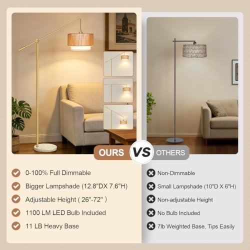 Image of 【Upgraded】Boho Dimmable Floor Lamp with Adjustable Swing Arm, 1100 Lumens Bulb Included, Modern Standing Lamp with Rattan & Fabric Shades, Tall Arc Floor Lamp for Living Room Bedroom, Gold, Heavy Base