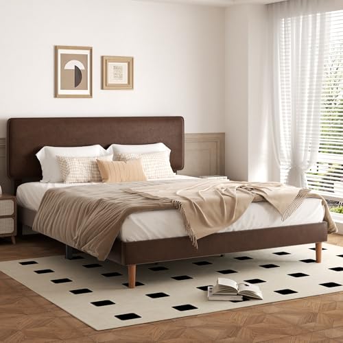Sismplly King Size Upholstered Bed Frame with Adjustable Headboard, Faux Leather Platform Bed with Wood Slats, Lychee Grain Leather, No Box Spring Needed, Easy Assembly, Noise Free, Dark Brown