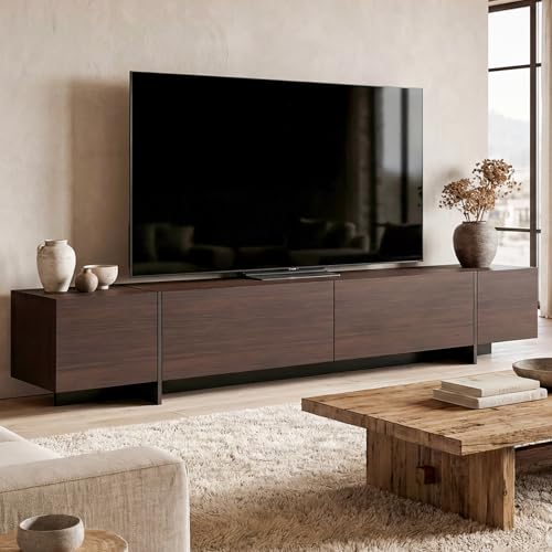 AIEGLE 95.1' W TV Stand with 4 Flip-Down Drawers, Modern Entertainment Center with Storage, Media Console Table TV Cabinet, Dark Brown