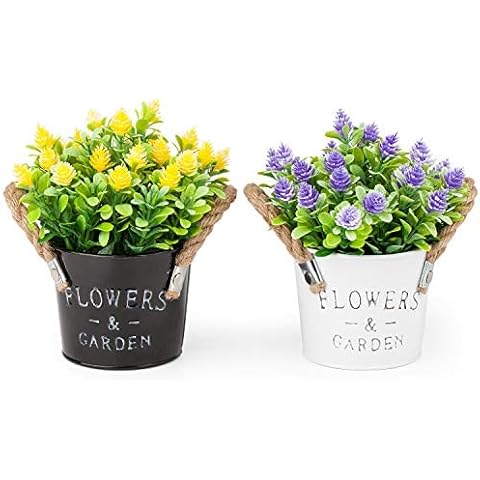 MIXROSE 2 PCS Artificial Potted Plants Mini Fake Plants in Rustic Metal Pot Small Artificial Plants House Plants for Home Desk Shelf Office Kitchen Bathroom Decor Purple and Yellow – Set of 2 Cover