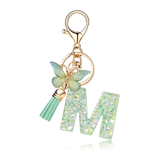 OKAICEN Fashion Alphabet Initial Letter Keychain Green Tassel Butterfly Pendant Key Ring for Purse Handbags Women Girl(M)