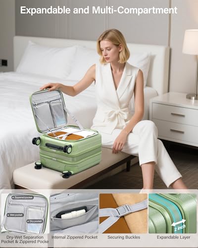 Image of Hanke 45cm Expandable Mini Cabin Trolley Bags, Hard Shell Polycarbonate Top Opening Suitcase, 8 Silent Spinner Wheels, Lightweight Carry On Luggage for Daily Commute & Short Travel,Bamboo Green