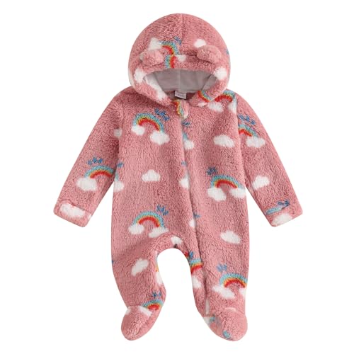 BULINGNA Newborn Baby Girl Fall Winter Coat Jumpsuit Long Sleeve Plaid Rainbow Pattern Fleece Footies Zip Up Hooded Outwear (Pink, 3-6 Months)